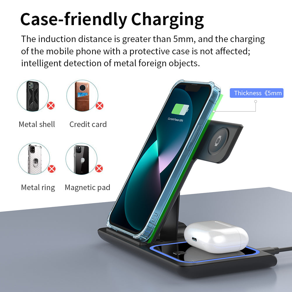 15W 3 in 1 Wireless Charging Station, Foldable Wireless Charger Stand Compatible with AirPods & Apple Watch Fast Charging Dock