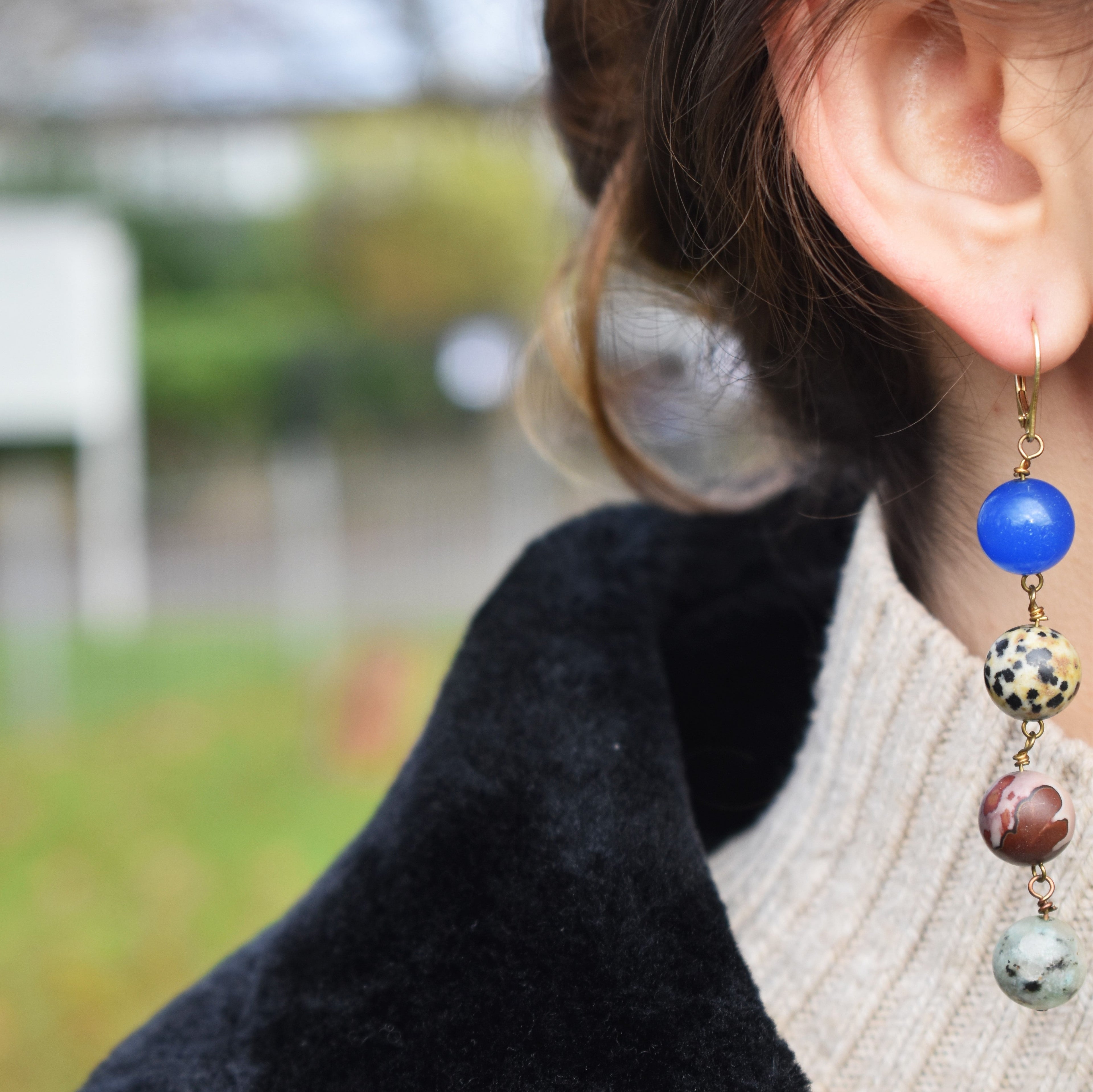 Blue Aventurine, Dalmatian Jasper, Mookaite and Sesame Jasper Yellow gold vermeil or 18k gold earrings | by nlanlaVictory-1