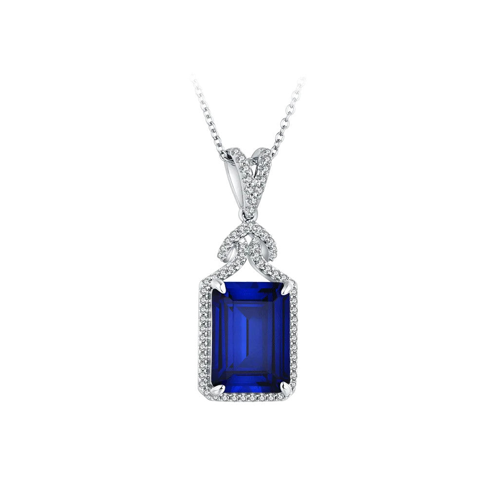 ATTAGEMS New Asscher Cut 14*10mm Blue Sapphire 925 Sterling Silver Necklace for
