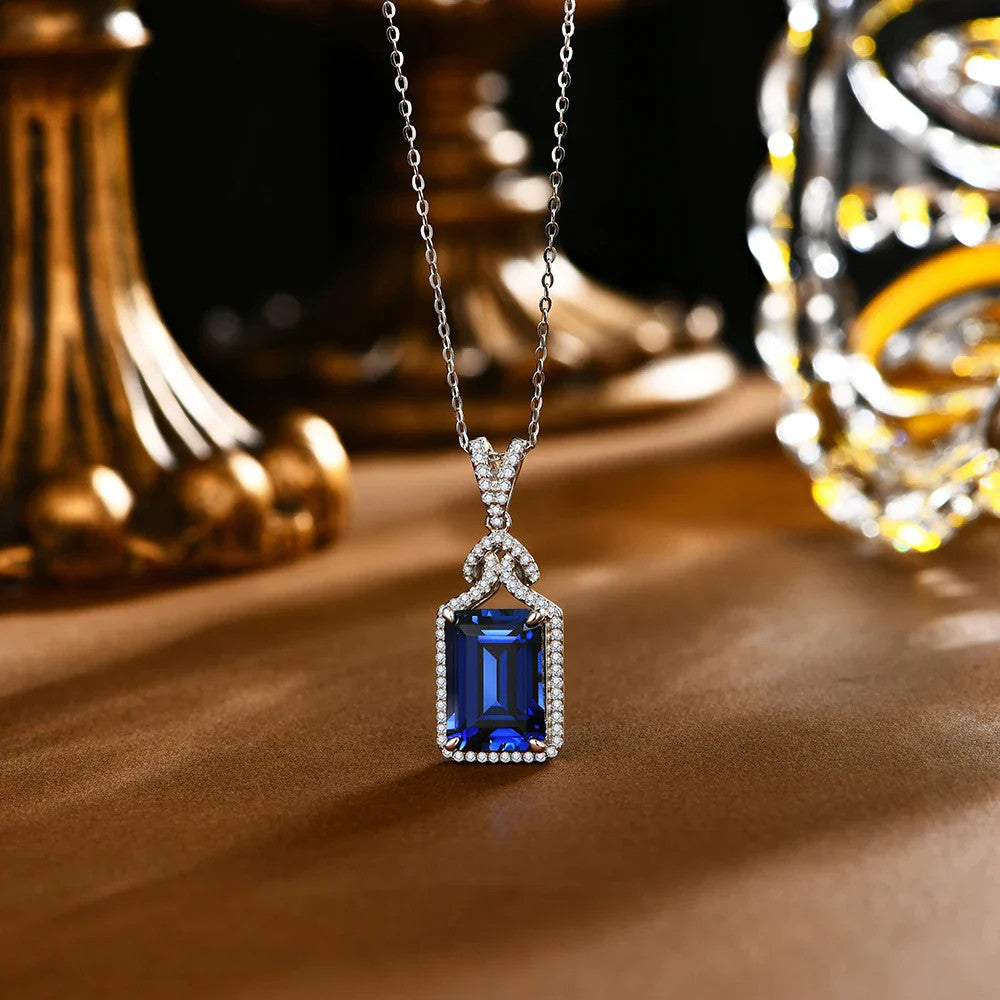 ATTAGEMS New Asscher Cut 14*10mm Blue Sapphire 925 Sterling Silver Necklace for