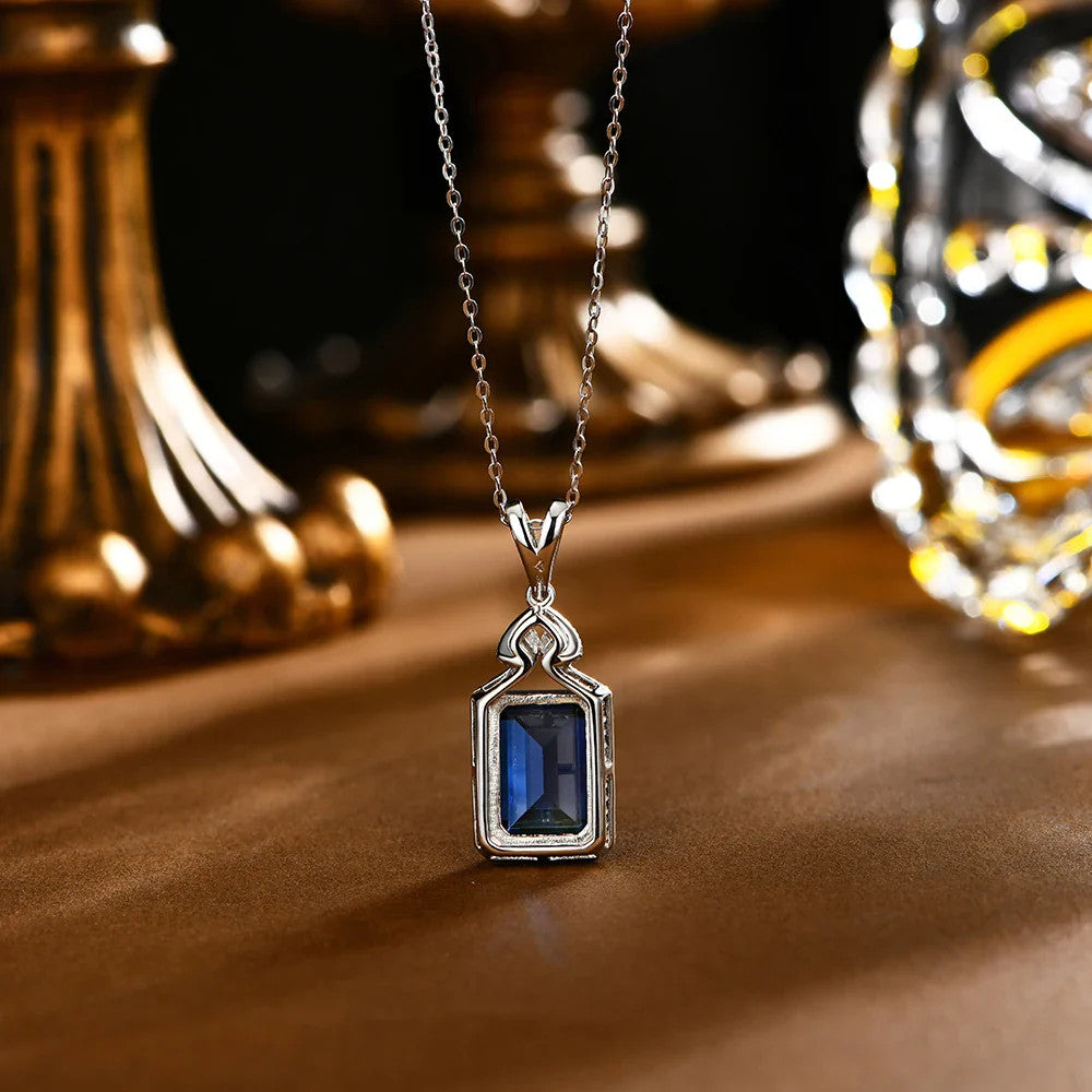 ATTAGEMS New Asscher Cut 14*10mm Blue Sapphire 925 Sterling Silver Necklace for