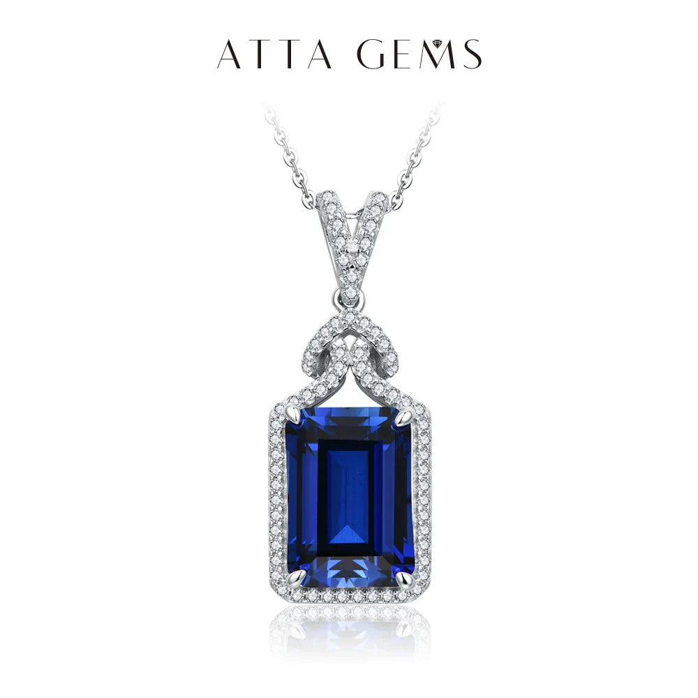 ATTAGEMS New Asscher Cut 14*10mm Blue Sapphire 925 Sterling Silver Necklace for