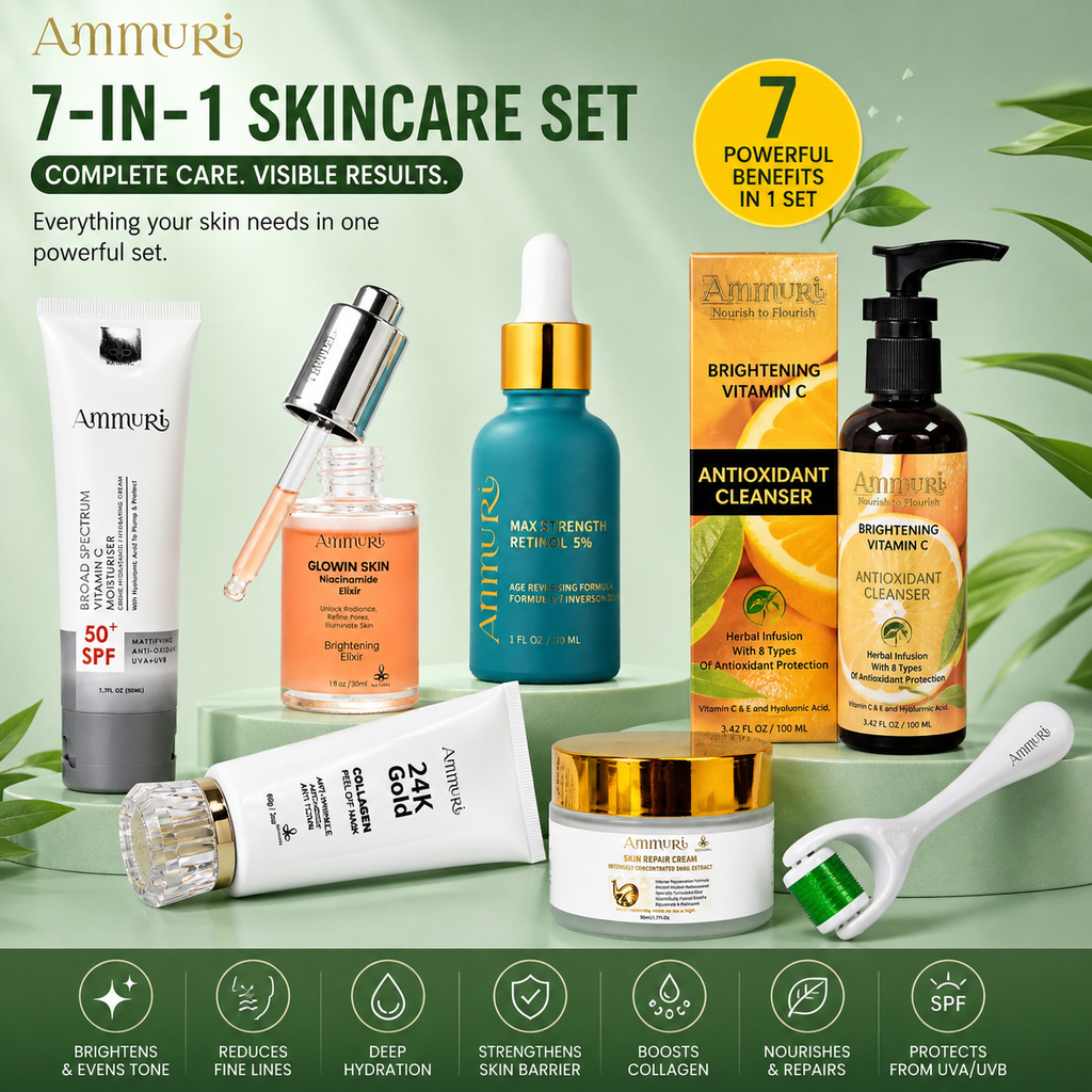 Set de cuidado facial antiedad 7 en 1 | Retinol, Niacinamida y Vitamina C | Ammuri