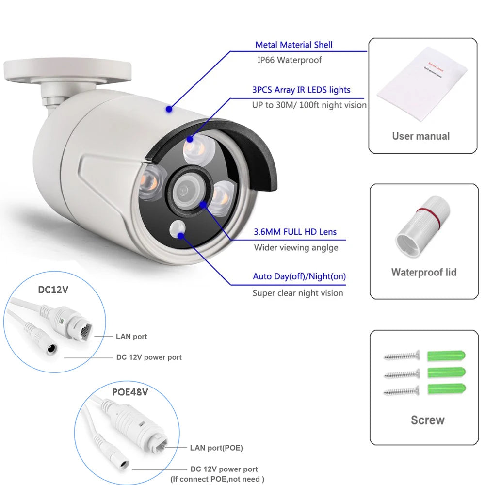 Cámara de seguridad IP POE exterior AZISHN 4K 8MP, H.265, CCTV Bullet impermeable