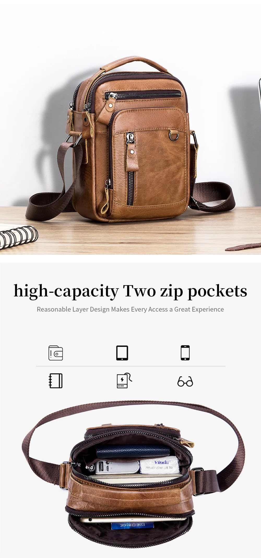 Men's 100% Genuine Leather Shoulder Bag – Compact Crossbody Handbag