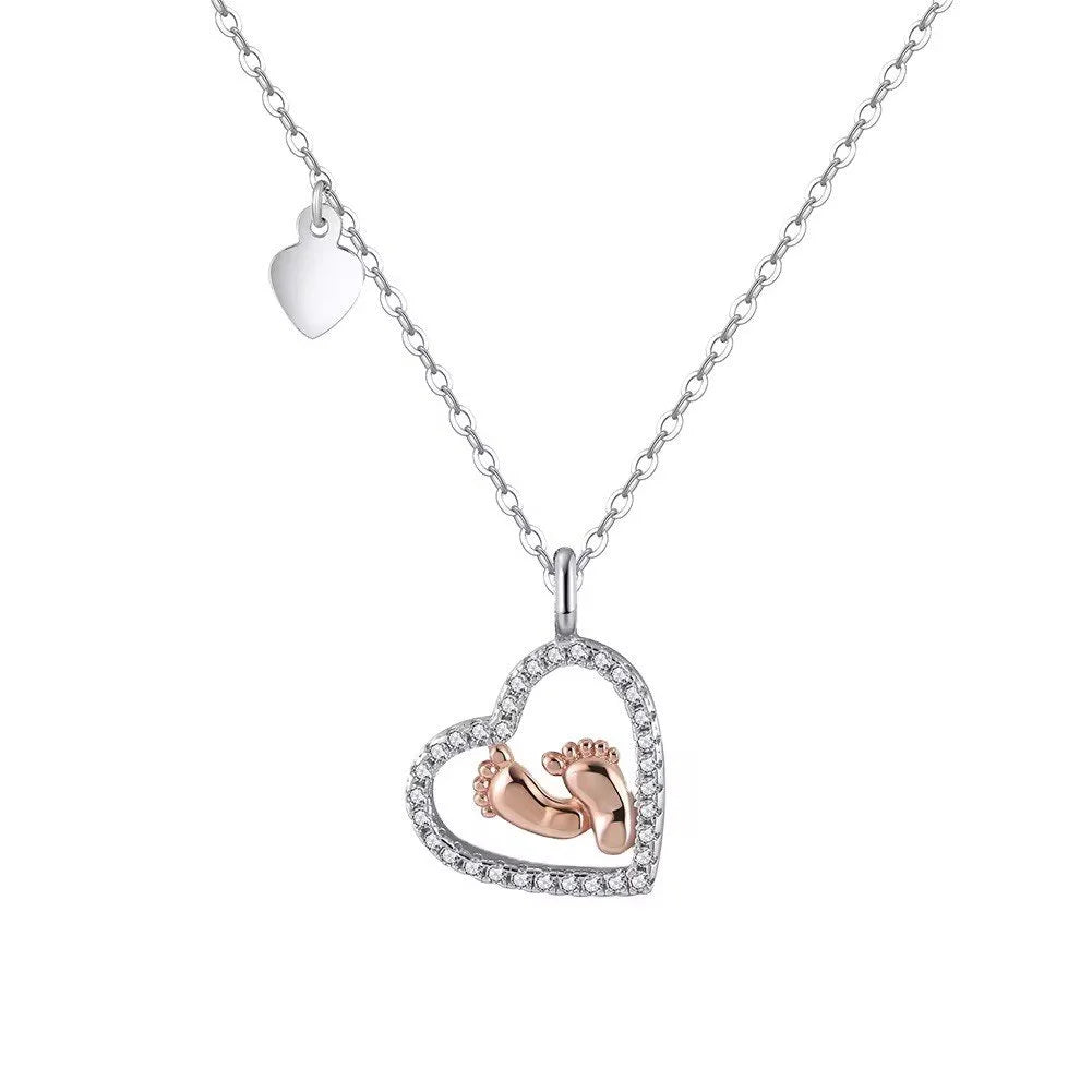925 Sterling Silver Heart Baby Feet Necklace  Rose Gold-Plated Mother’s Gift Pendant