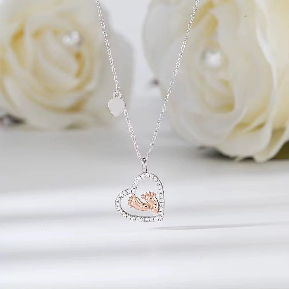 925 Sterling Silver Heart Baby Feet Necklace  Rose Gold-Plated Mother’s Gift Pendant
