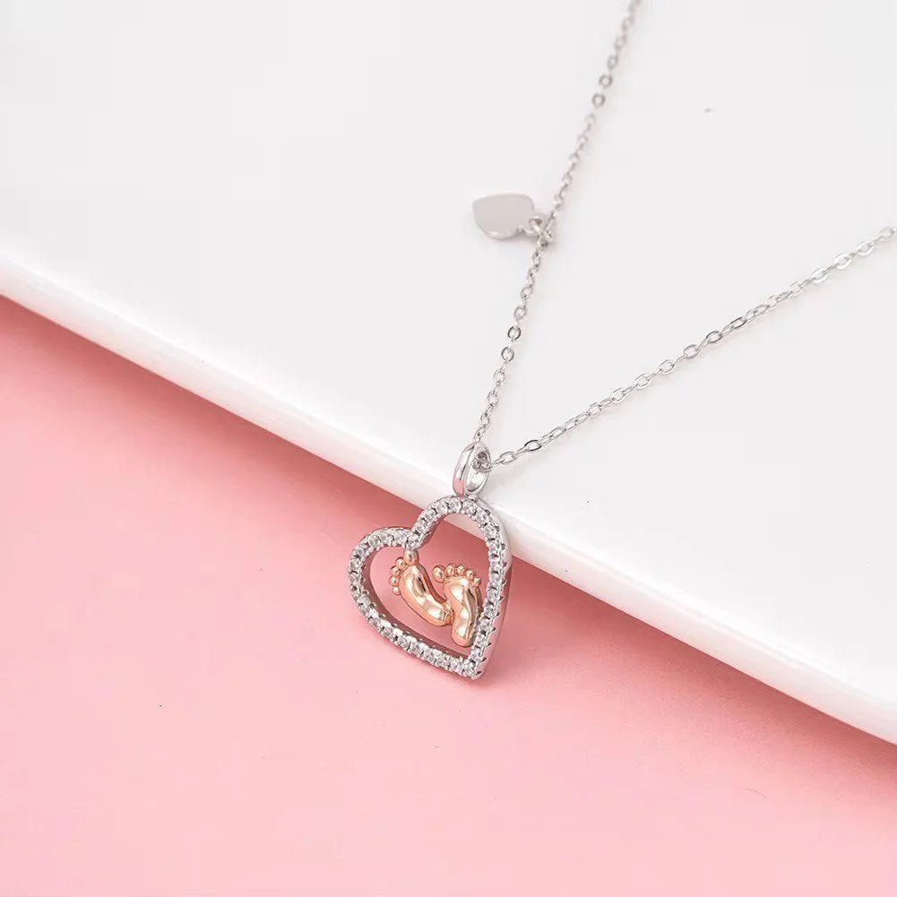 925 Sterling Silver Heart Baby Feet Necklace  Rose Gold-Plated Mother’s Gift Pendant