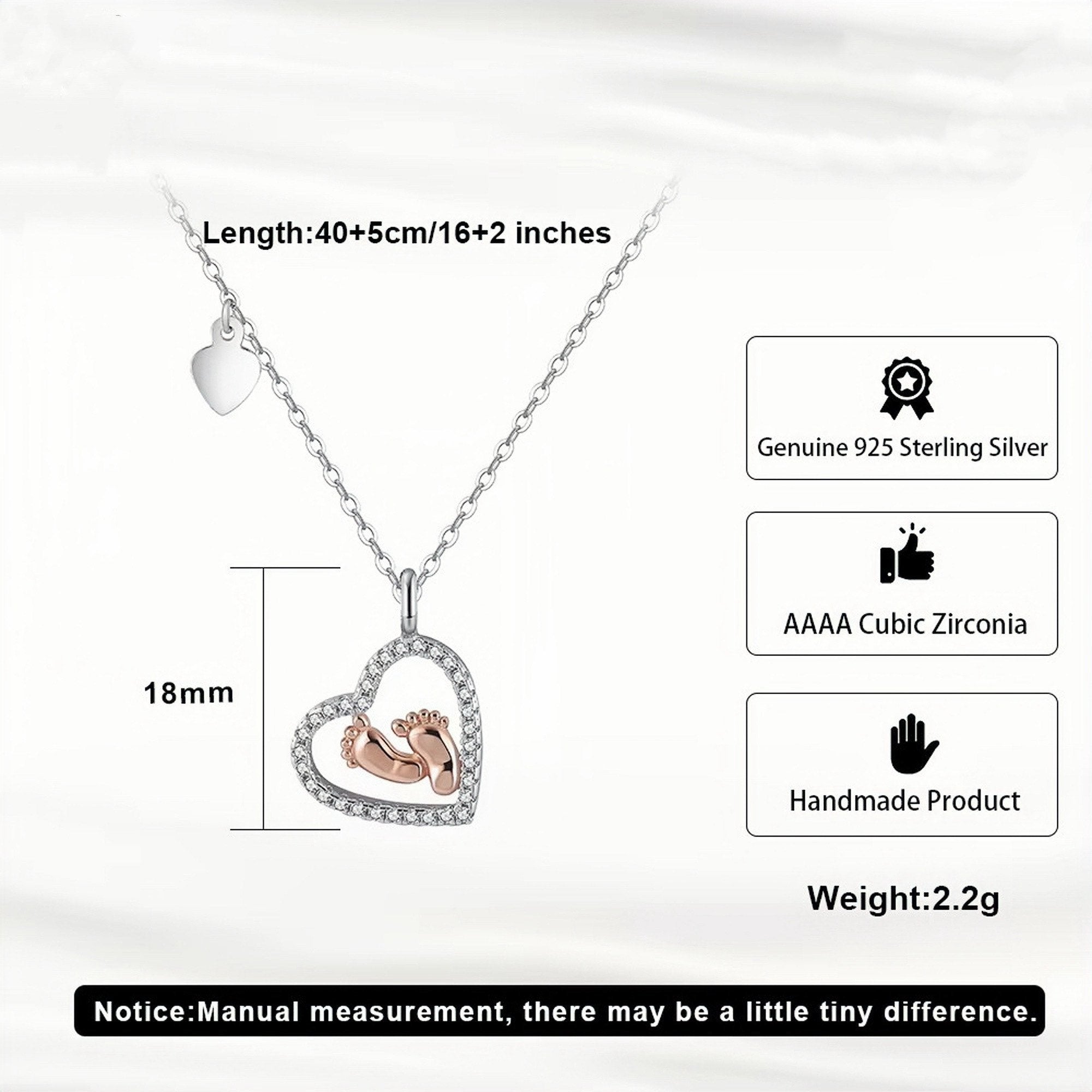 925 Sterling Silver Heart Baby Feet Necklace  Rose Gold-Plated Mother’s Gift Pendant