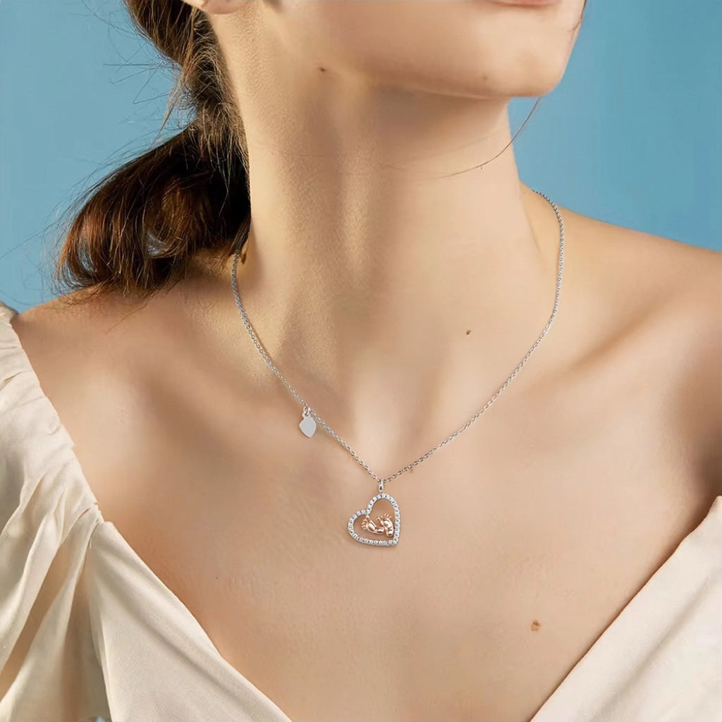 925 Sterling Silver Heart Baby Feet Necklace  Rose Gold-Plated Mother’s Gift Pendant