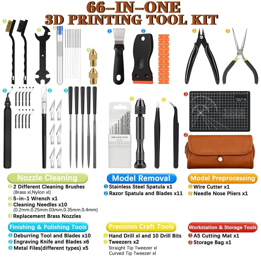 66x 3D Printer Tools Kit with Storage Case for FDM SLA Printers Deburring Tool Scrapers Metal Files Brushes Hand Drill Tweezers