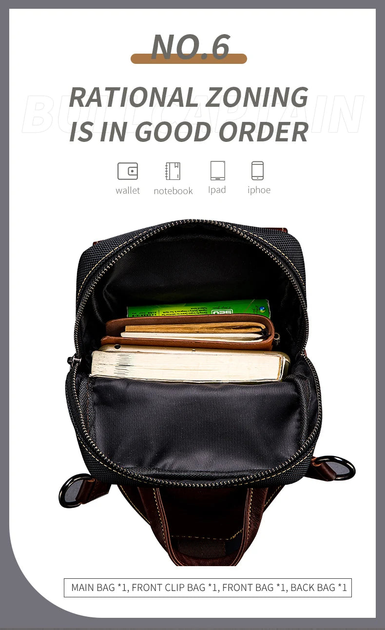 BULLCAPTAIN Men Chest Bag Head Layer Cowhide Men's Bag Casual Fashion Chest Belt Bag Popular Styles Business Shoulder Bag