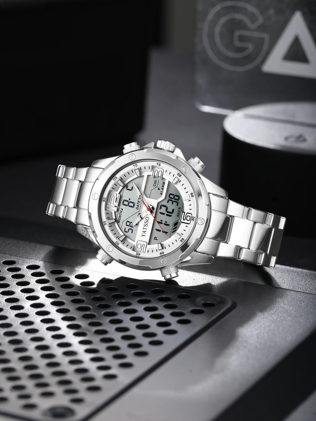 Men's Hybrid Watch, 5ATM Waterproof Steel Band Dual Movement Luminous Hands