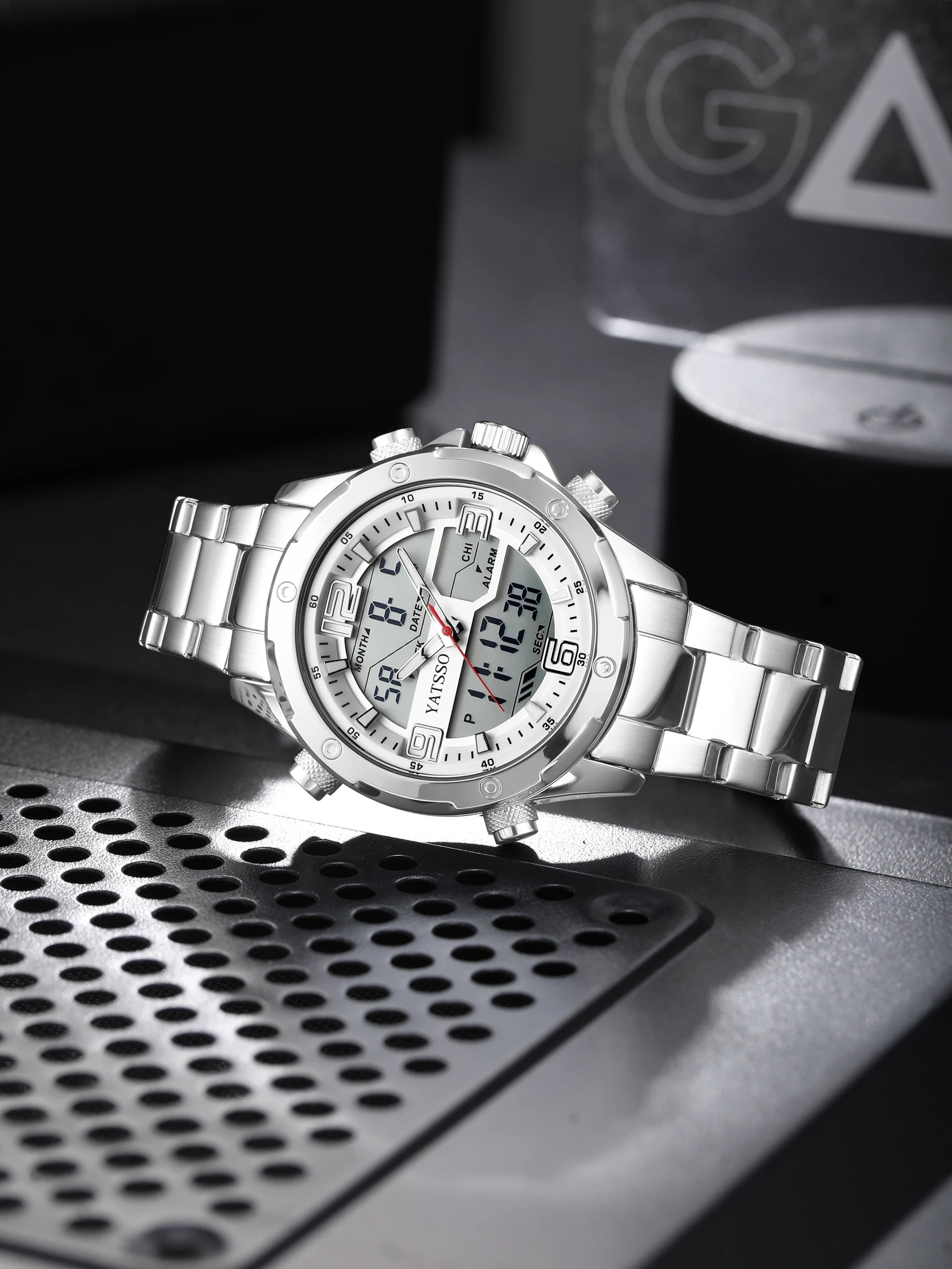 Men's Hybrid Watch, 5ATM Waterproof Steel Band Dual Movement Luminous Hands