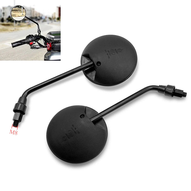A Pair Black Motorcycle Scooter Mirrors Motorbike Rear View Mirror M8 M10 Round Oval Convex Mirror For Mountain Road Bike Moto