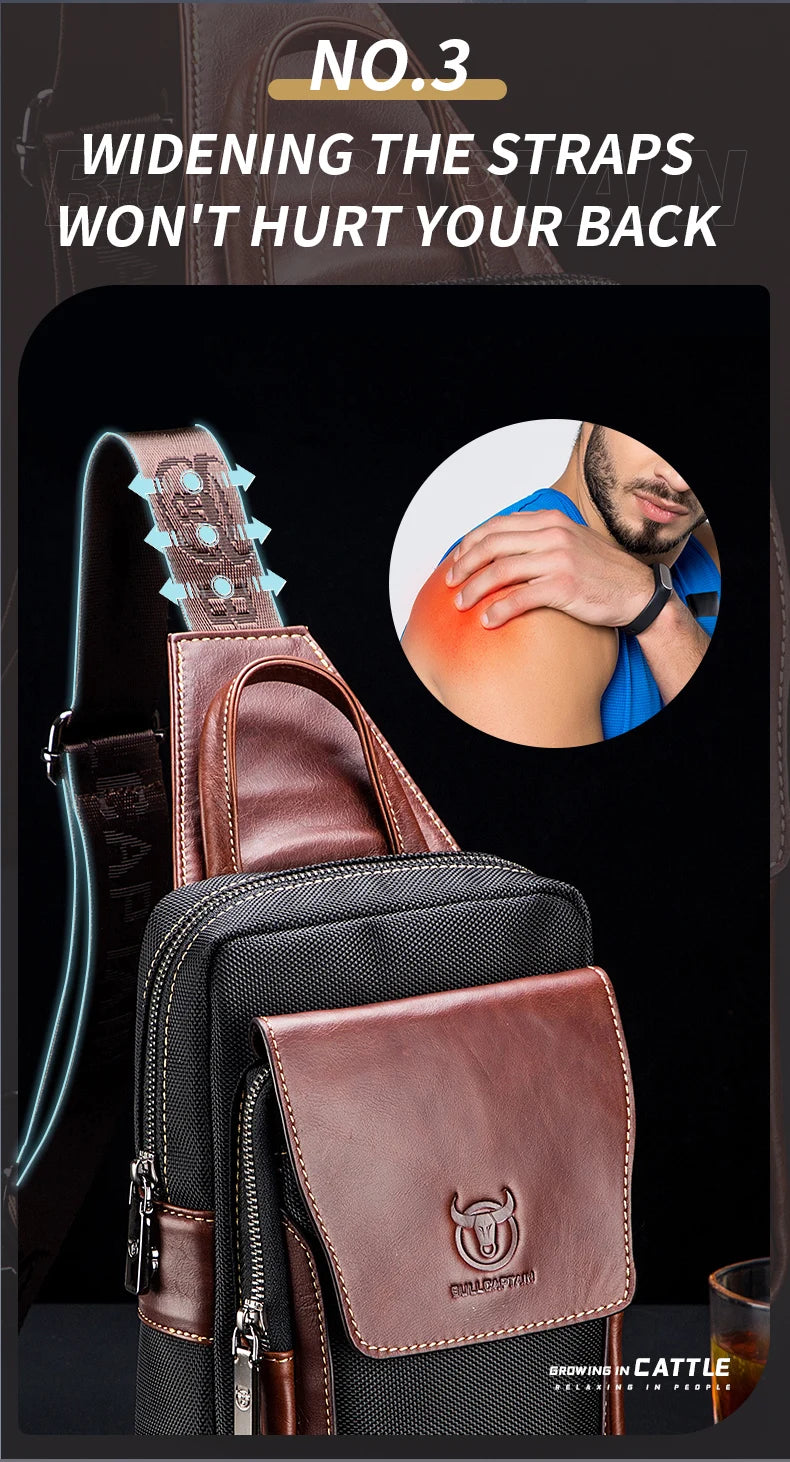 BULLCAPTAIN Men Chest Bag Head Layer Cowhide Men's Bag Casual Fashion Chest Belt Bag Popular Styles Business Shoulder Bag