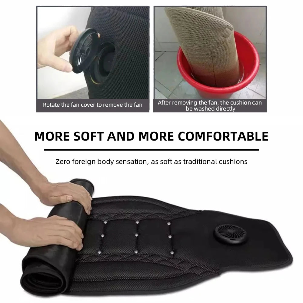 Car Cooling Seat Cushion with Fan — 12V/24V USB Breathable Summer Seat Cover, 3-Speed Adjustment