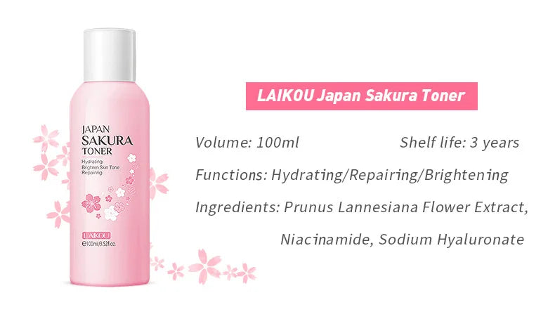 LAIKOU Sakura Skin Care Set – 9pcs Korean Skincare Kit with Cleanser, Toner, Cream & More