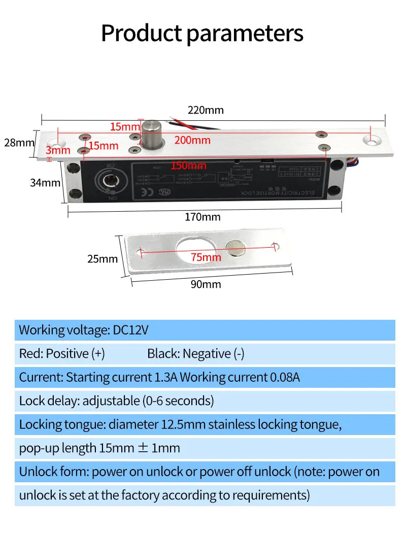 12V Fail Secure Electric Drop Bolt Lock for Electronic Door Access Control System Deadbolt Lock with Mechanical Key Time Delay