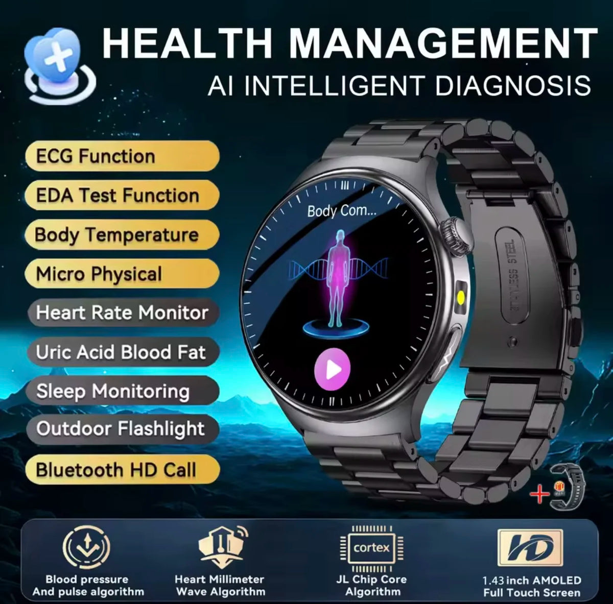 2026 New Diagnosis ECG Smart Watch Sport AI Accurate Uric Acid Blood Pressure Body Fat Five Organ Fitness Waterproof Smartwatch