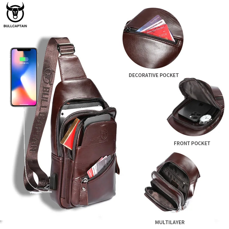 BULLCAPTAIN Men's Leather Chest Bag – Large Capacity Sling Messenger Bag XB-127