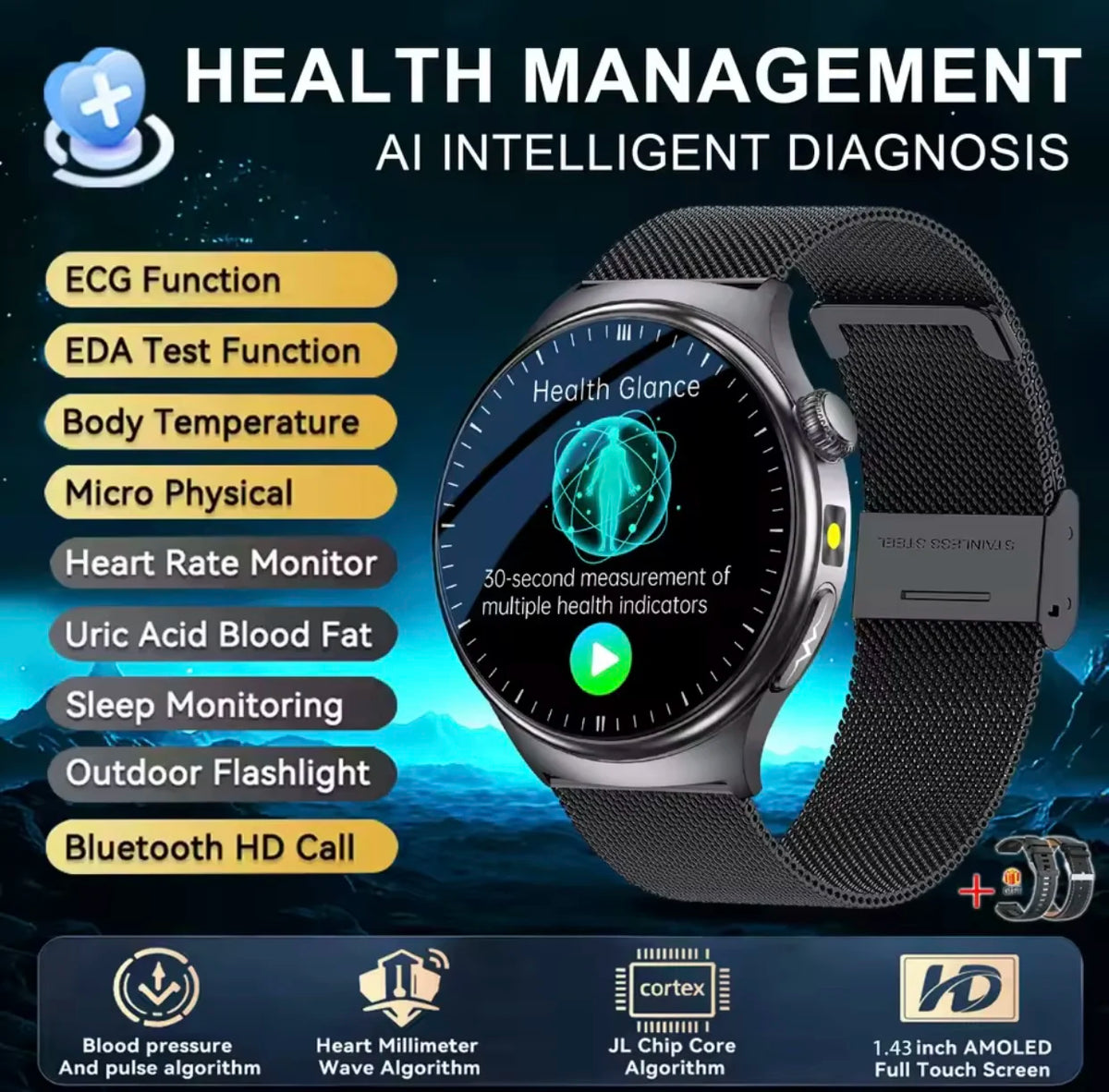 2026 New Diagnosis ECG Smart Watch Sport AI Accurate Uric Acid Blood Pressure Body Fat Five Organ Fitness Waterproof Smartwatch