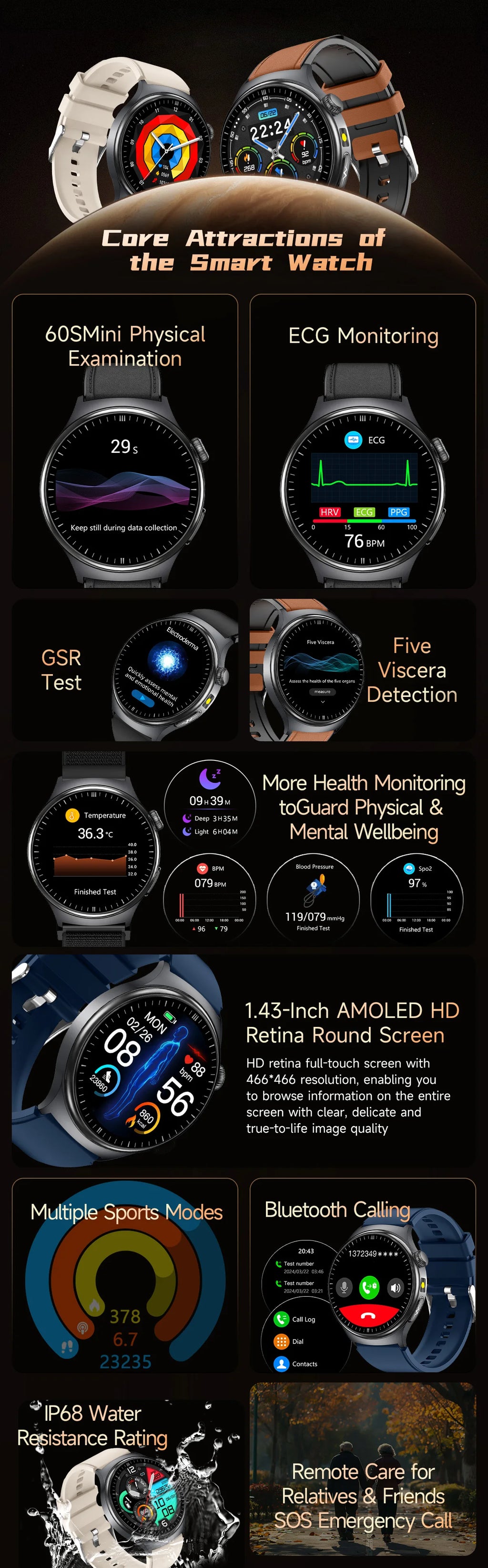 2026 New Diagnosis ECG Smart Watch Sport AI Accurate Uric Acid Blood Pressure Body Fat Five Organ Fitness Waterproof Smartwatch