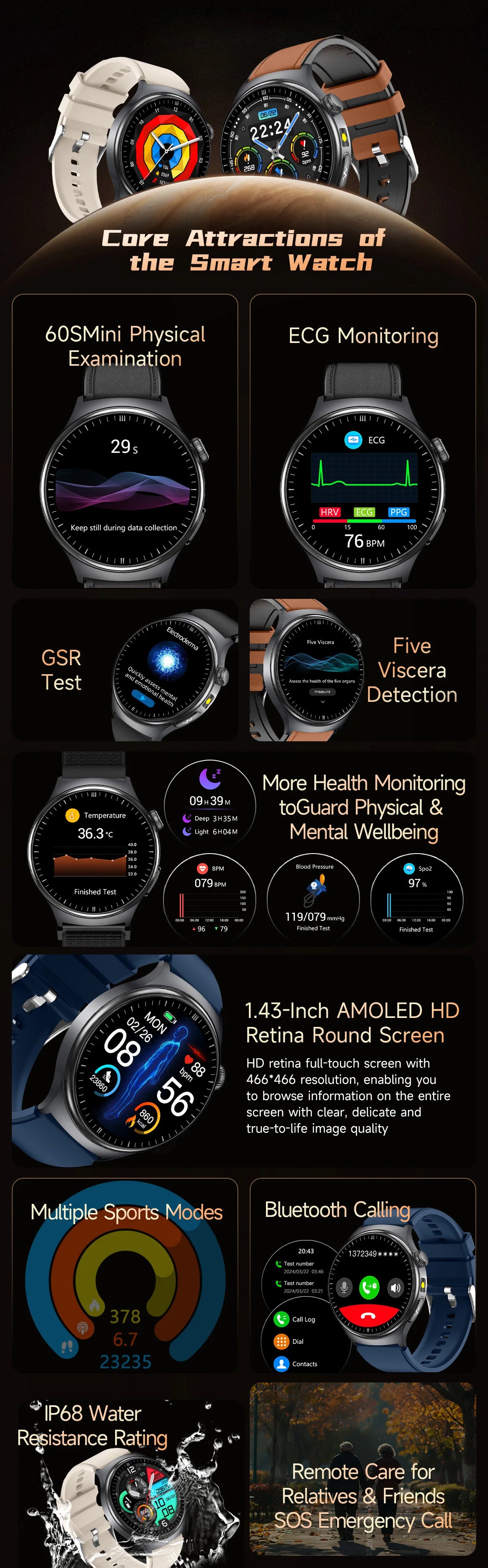 2026 New Diagnosis ECG Smart Watch Sport AI Accurate Uric Acid Blood Pressure Body Fat Five Organ Fitness Waterproof Smartwatch