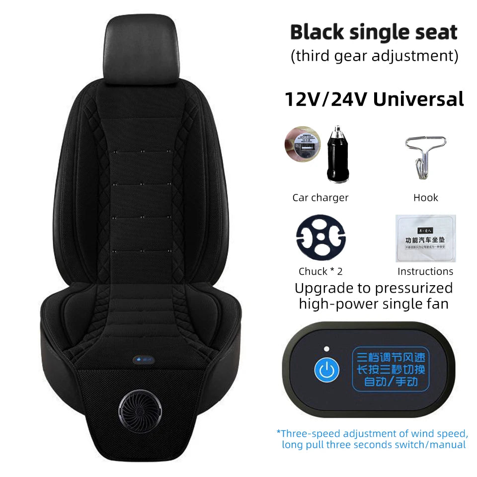Car Cooling Seat Cushion with Fan — 12V/24V USB Breathable Summer Seat Cover, 3-Speed Adjustment