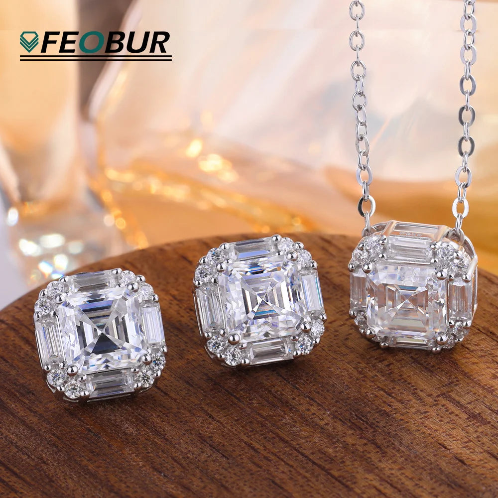 2CT Asscher Cut Moissanite Necklace for Women 925 Sterling Silver Baguette Halo Lab Diamond Pendant Bridal Wedding Jewelry Gifts