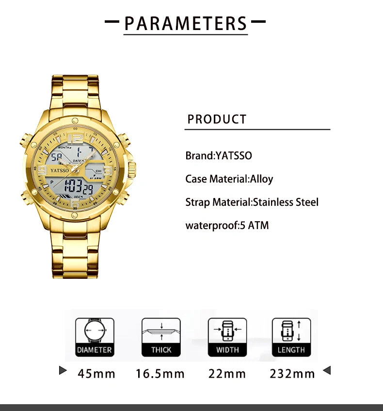 Men's Hybrid Watch, 5ATM Waterproof Steel Band Dual Movement Luminous Hands