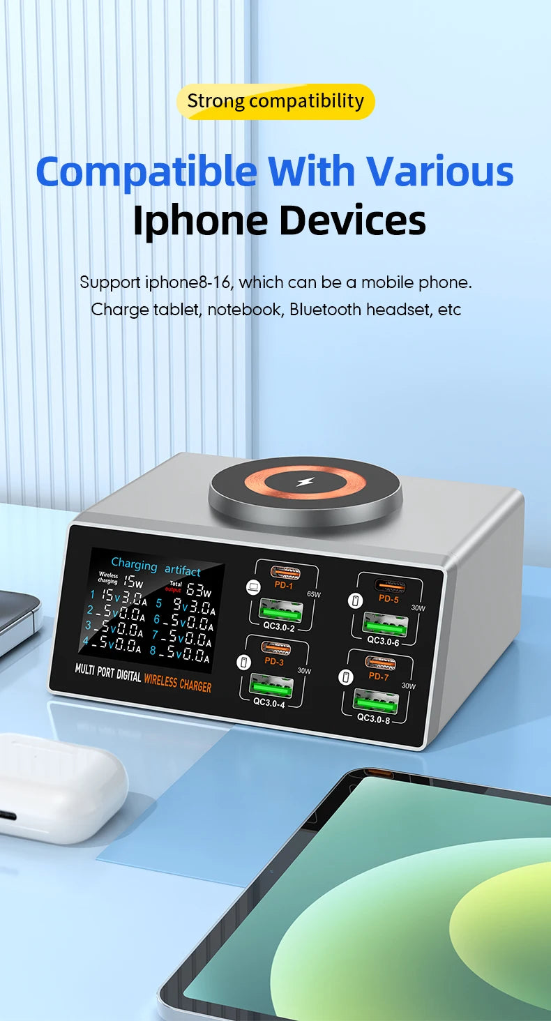 New 140W Multi-Function Charger Wireless Charger 8-Port PD+QC USB Type-C Quick Charger Home Travel Office Convenient