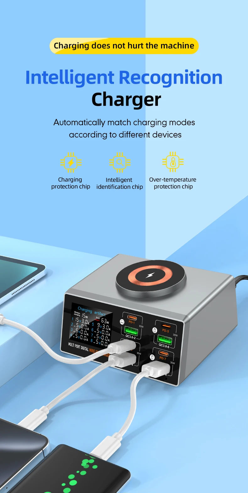 New 140W Multi-Function Charger Wireless Charger 8-Port PD+QC USB Type-C Quick Charger Home Travel Office Convenient