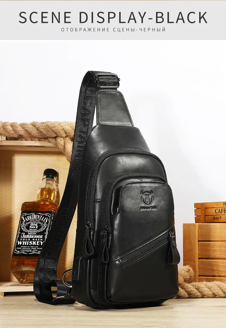 BULLCAPTAIN Men's Leather Chest Bag – Large Capacity Sling Messenger Bag XB-127