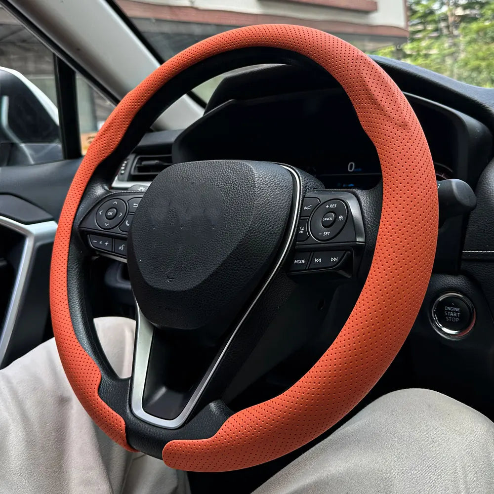 Universal Non-Slip Leather Steering Wheel Cover 36–38cm – Round & D Shape