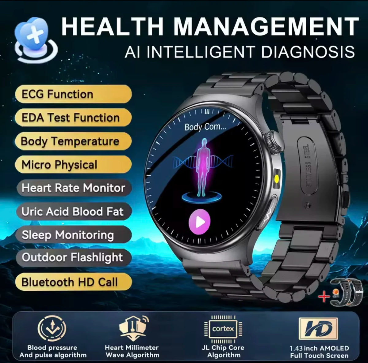 2026 New Diagnosis ECG Smart Watch Sport AI Accurate Uric Acid Blood Pressure Body Fat Five Organ Fitness Waterproof Smartwatch