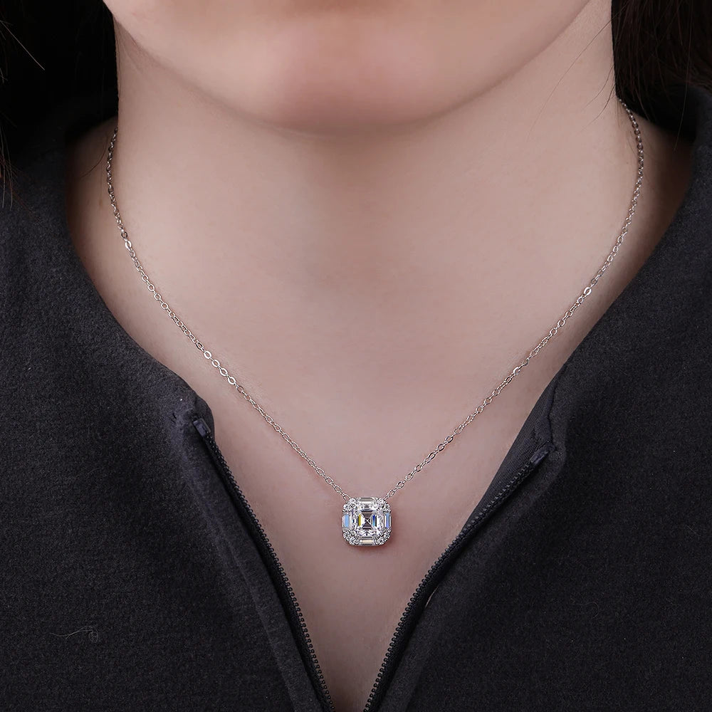 2CT Asscher Cut Moissanite Necklace for Women 925 Sterling Silver Baguette Halo Lab Diamond Pendant Bridal Wedding Jewelry Gifts