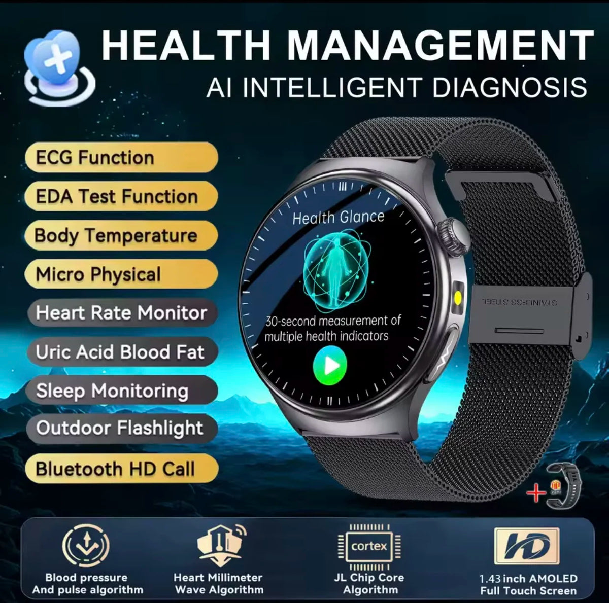 2026 New Diagnosis ECG Smart Watch Sport AI Accurate Uric Acid Blood Pressure Body Fat Five Organ Fitness Waterproof Smartwatch