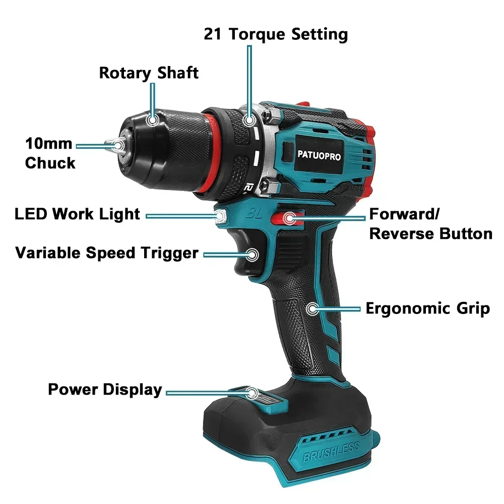 Taladro sin escobillas inalámbrico PATUOPRO de 10 mm y 2 velocidades — Herramienta de atornillado para bricolaje doméstico para batería Makita de 18 V