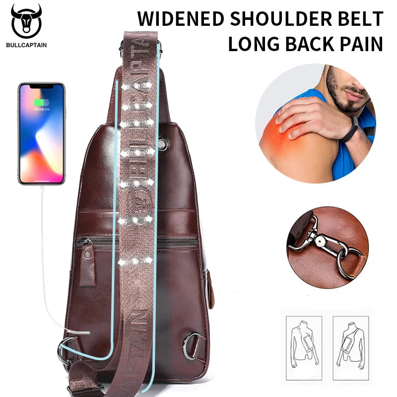 BULLCAPTAIN Men's Leather Chest Bag – Large Capacity Sling Messenger Bag XB-127