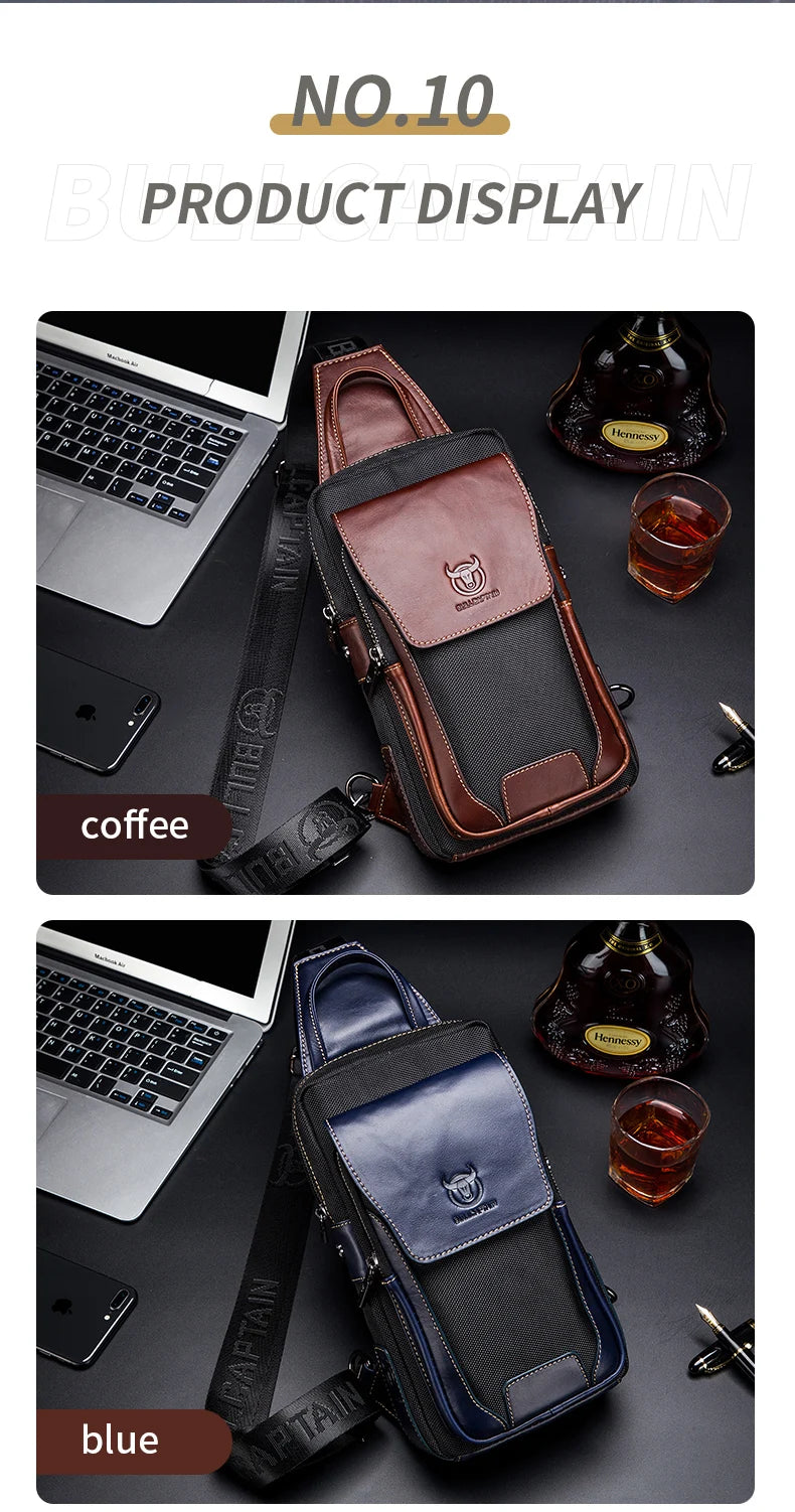 BULLCAPTAIN Men Chest Bag Head Layer Cowhide Men's Bag Casual Fashion Chest Belt Bag Popular Styles Business Shoulder Bag