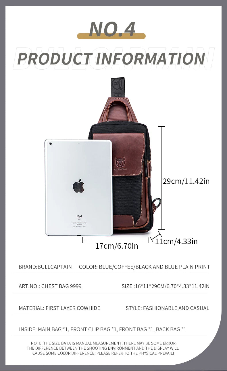 BULLCAPTAIN Men Chest Bag Head Layer Cowhide Men's Bag Casual Fashion Chest Belt Bag Popular Styles Business Shoulder Bag