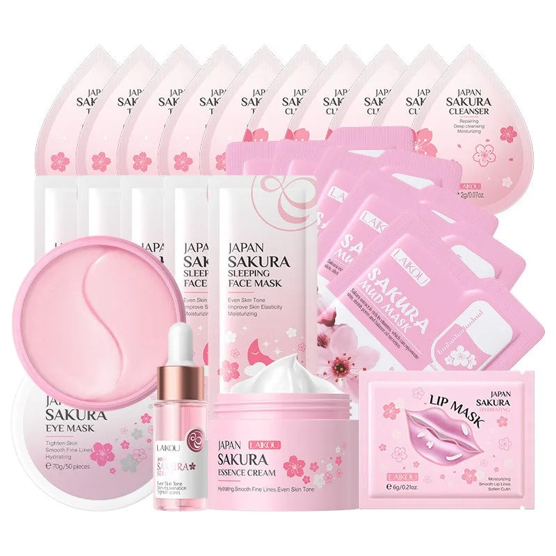 Sakura Skin Care Set 24pcs – Eye & Lip Masks, Serum, Mud Masks, Cleanser, Toner, Essence & Cream