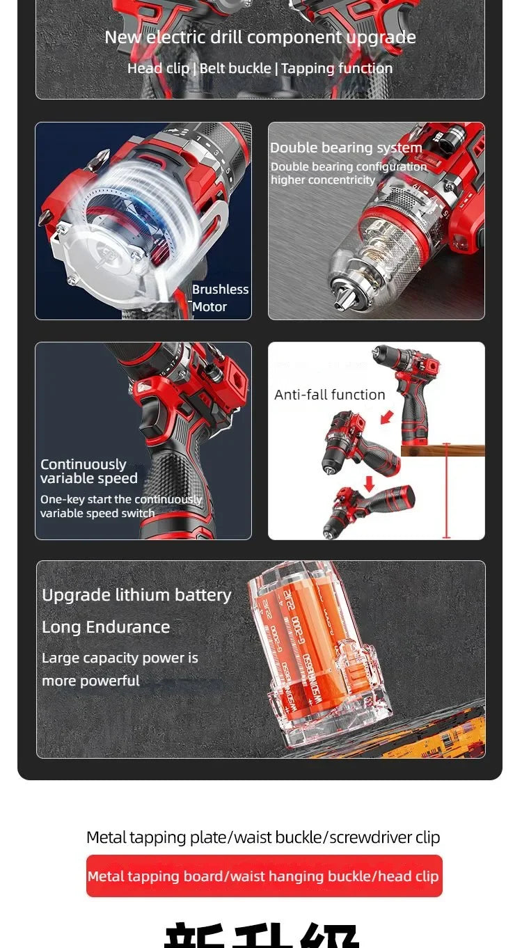 Brushless Cordless Impact Drill – Electric Screwdriver with Metal Chuck