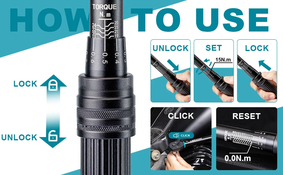 Bike Torque Wrench 1/4'', 5-25Nm, 0.1Nm Micro, Drive Click Torque Wrench Set, Hex, Torx/Star Bit Sockets, Extension Bar
