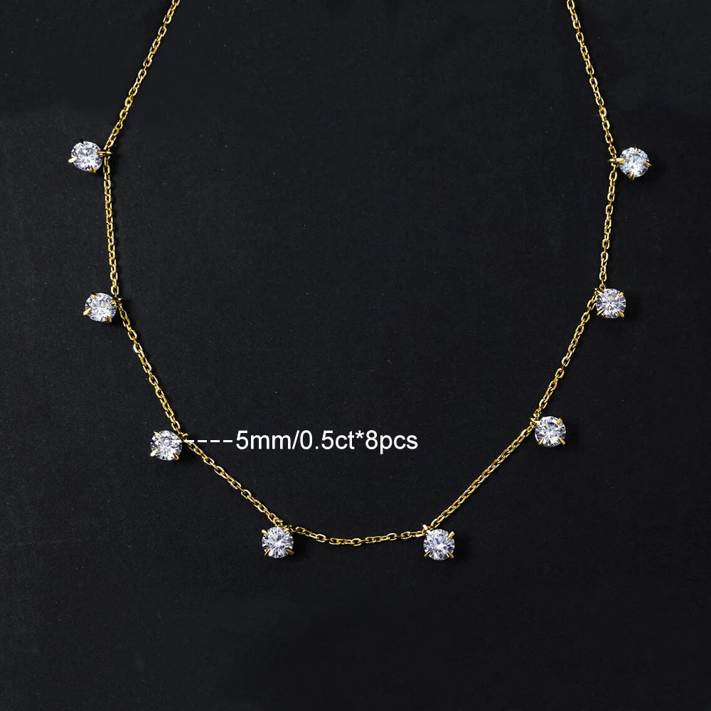 8 Stone Round Cut Real Moissanite Necklace for Women Floating Tiny Diamonds Neck Chain S925 Silver 18K Gold Plated Jewelry Gift
