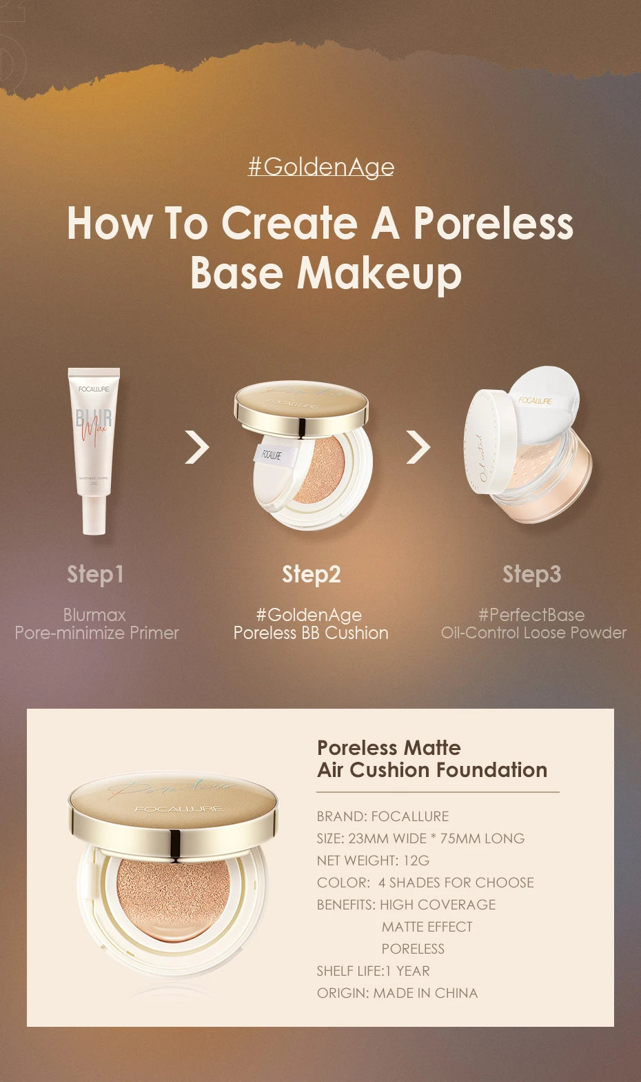 FOCALLURE Foundation Air Cushion Waterproof Matte Base Poreless High Coverage Face Cream Nutritious Smooth Foundation Makeup