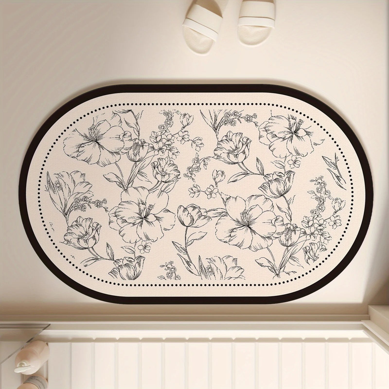 Rubber material super anti-slip bathroom mat, quick-absorbing and quick-drying floor mat, French black and white printed mat