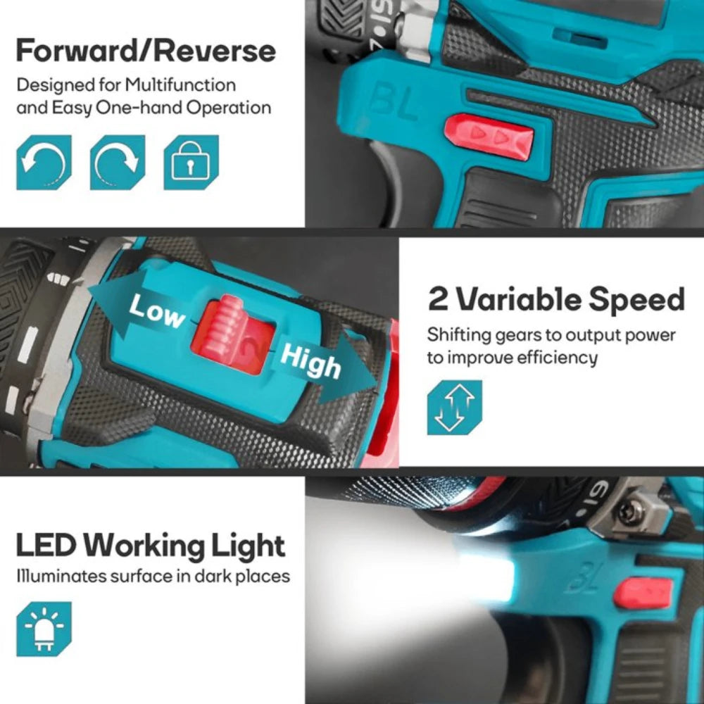 PATUOPRO 10mm Cordless Brushless Drill 2-Speed — Screwdriver Home DIY Tool for Makita 18V Battery