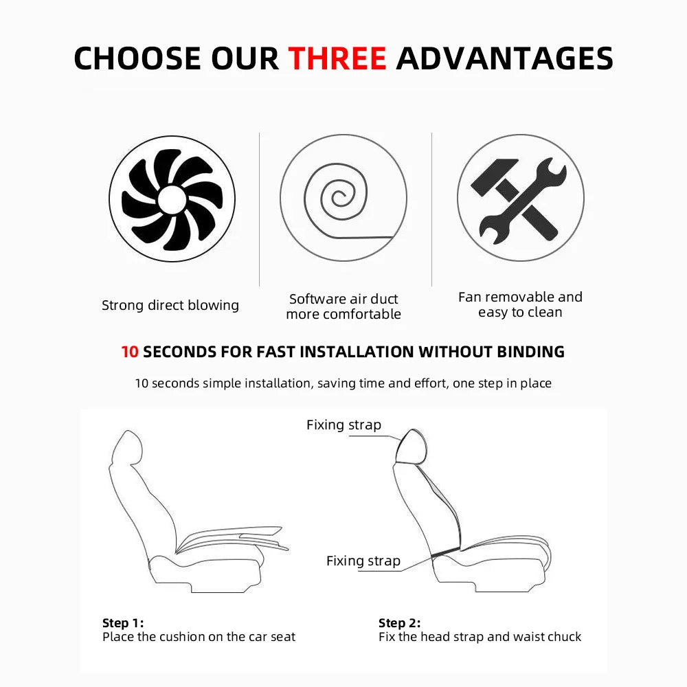 Car Cooling Seat Cushion with Fan — 12V/24V USB Breathable Summer Seat Cover, 3-Speed Adjustment